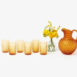Amber Hobnail Jug and Glasses (Set of 6)