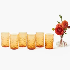 Amber Hobnail Jug and Glasses (Set of 6)