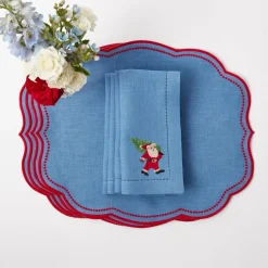 Blue & Red Hand Embroidered Father Christmas Napkins (Set of 4)