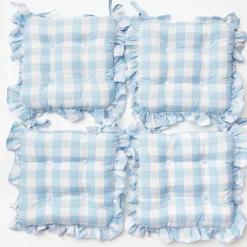 Blue Gingham Ruffle Seat Pad Cushion (Set of 4)