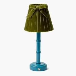 Blue Leonora Lacquer Rechargeable Lamp with Olive Velvet Bow Shade (18cm)