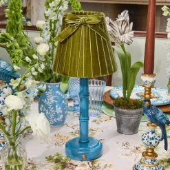 Blue Leonora Lacquer Rechargeable Lamp with Olive Velvet Bow Shade (18cm)
