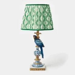 Blue Parrot Lamp with Green Ikat Shade (30cm)