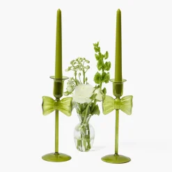 Celine Green Glass Bow Candle Holder (Pair)