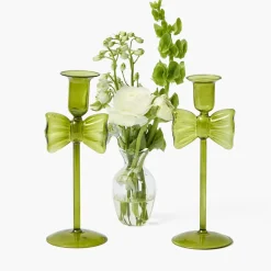 Celine Green Glass Bow Candle Holder (Pair)