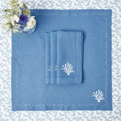 Coral Blue Linen Placemats & Napkins (Set of 4)