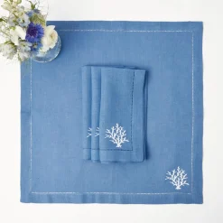 Coral Blue Linen Placemats & Napkins (Set of 4)