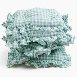 Duck Egg Blue Gingham Ruffle Seat Pad Cushions (Set of 4)