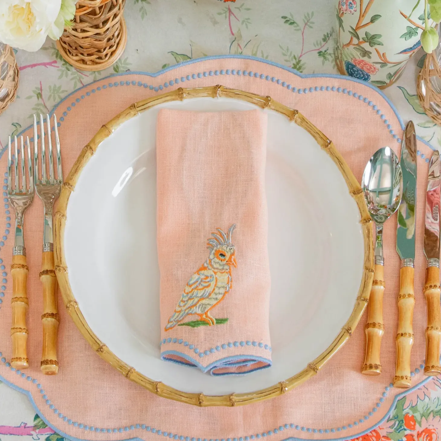 Eloise Coral & Blue Placemats & Parrot Napkins (Set of 4)
