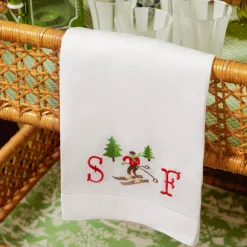 Embroidered Skier White Linen Hand Towel