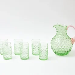 Emerald Hobnail Jug with Rose Handle & Glasses (set of 6)