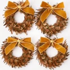 Feather Wreaths with Forest Green Velvet Bows (Set of 4)