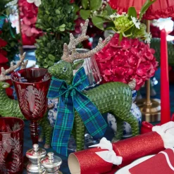 Forest Green Rattan Reindeer with Blue Tartan Bows (Pair) - 30cm