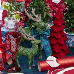 Forest Green Rattan Reindeer with Blue Tartan Bows (Pair) - 30cm