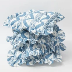 Frilled Blue Ikat Seat Pad Cushions (Set of 4)