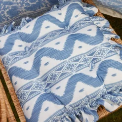 Frilled Blue Ikat Seat Pad Cushions (Set of 4)