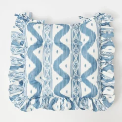 Frilled Blue Ikat Seat Pad Cushion