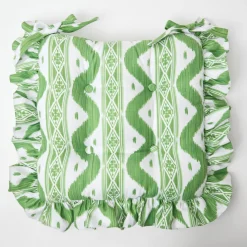 Frilled Green Ikat Seat Pad Cushion (Set of 4)