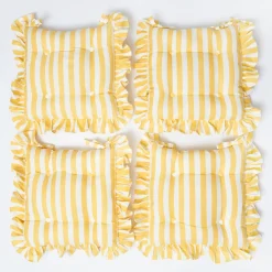 Frilled Yellow Stripe Seat Pad Cushions (Set of 4)