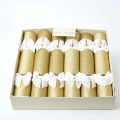 Gold Glitter Crackers with White Velvet Bows (Set of 6)