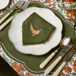 Green Embroidered Pheasant Linen Napkins (Set of 4)