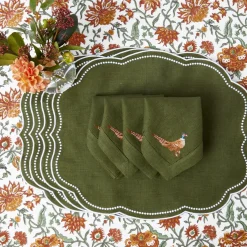 Green Embroidered Pheasant Linen Napkins (Set of 4)
