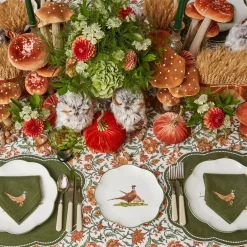 Green Embroidered Pheasant Linen Napkins (Set of 4)