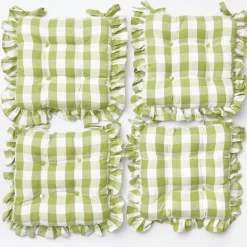 Green Gingham Ruffle Seat Pad Cushions (Set of 4)