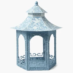 Large Blue Rattan Chinoiserie Pagoda Lantern