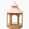 Large Natural Rattan & Pink Chinoiserie Pagoda Lantern