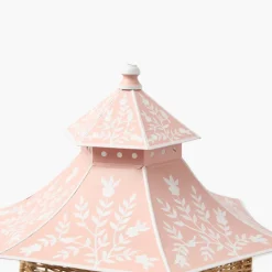 Large Natural Rattan & Pink Chinoiserie Pagoda Lantern