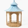 Large Natural Rattan & Blue Chinoiserie Pagoda Lantern