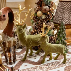 Large Olive Green Flocked Reindeer (Pair)