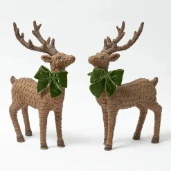Large Rattan Reindeer with Green Velvet Bows (Pair) - 40cm