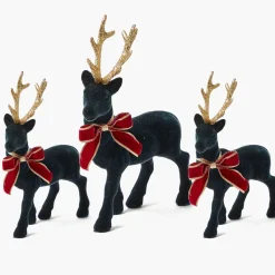 Navy Flocked Reindeer Family with Gold Trimmed Bows