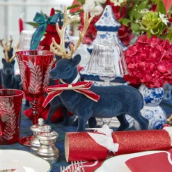 Navy Flocked Reindeers with Gold Trimmed Bows (Pair)