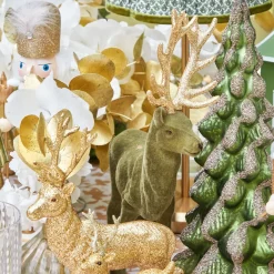 Olive Green Flocked Reindeer Family