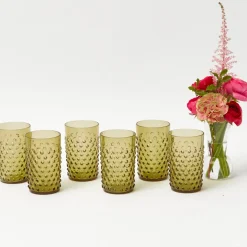Olive Green Hobnail Jug & Glasses (Set of 6)