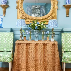 Olive Parrot Lamp with Blue Ikat Shade (30cm)