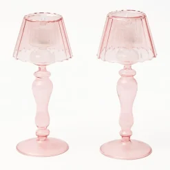 Pink Glass Lantern Tea Light Holder Set