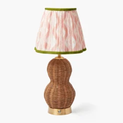 Rattan Bardot Rechargeable Lamp with Pink & Green Ikat Shade (18cm)