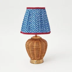 Rattan Ursula Rechargeable Lamp with Cobalt & Red Lotus Shade (18cm)