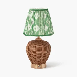Rattan Ursula Rechargeable Lamp with Green Ikat Shade (18cm)