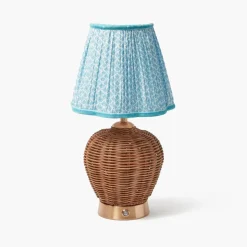 Rattan Ursula Rechargeable Lamp with Soft Blue Lotus Shade (18cm)