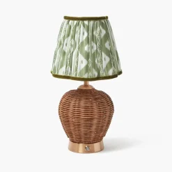 Rattan Ursula Rechargeable Lamp with Olive Ikat Shade (18cm)