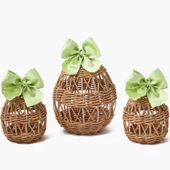 Rattan Woven Egg Family with Green Bows