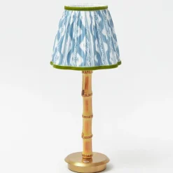 Rechargeable Bamboo Lamp with Blue & Green Ikat Shade (18cm)