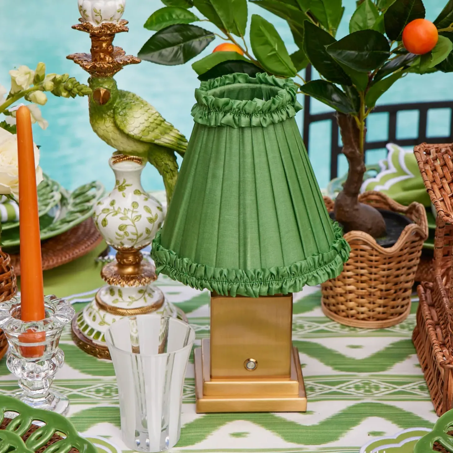 Rechargeable Lamp with Green Frilled Shade (18cm)