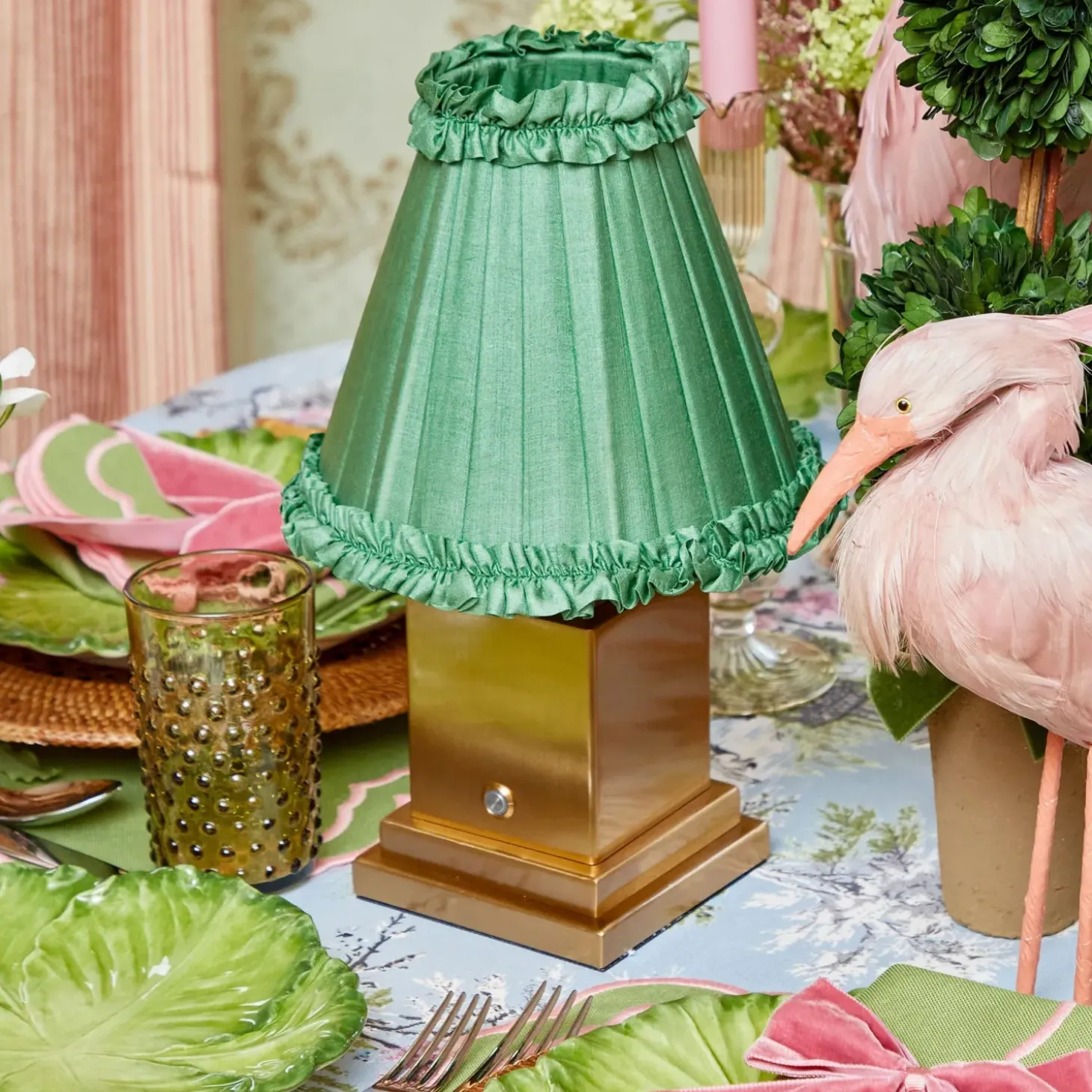 Rechargeable Lamp with Green Frilled Shade (18cm)