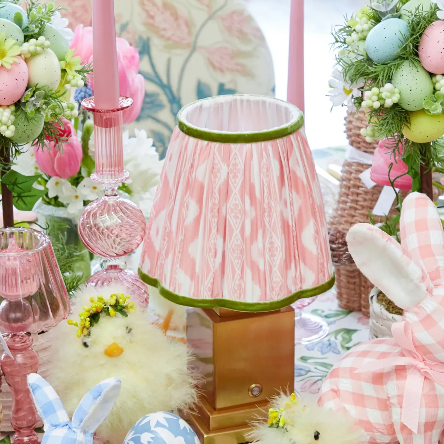 Rechargeable Lamp with Pink & Green Ikat Shade (18cm)